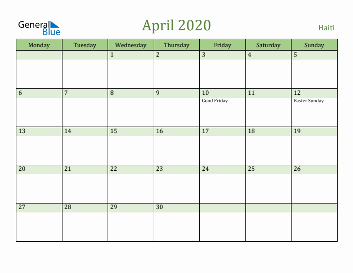 April 2020 Calendar with Haiti Holidays