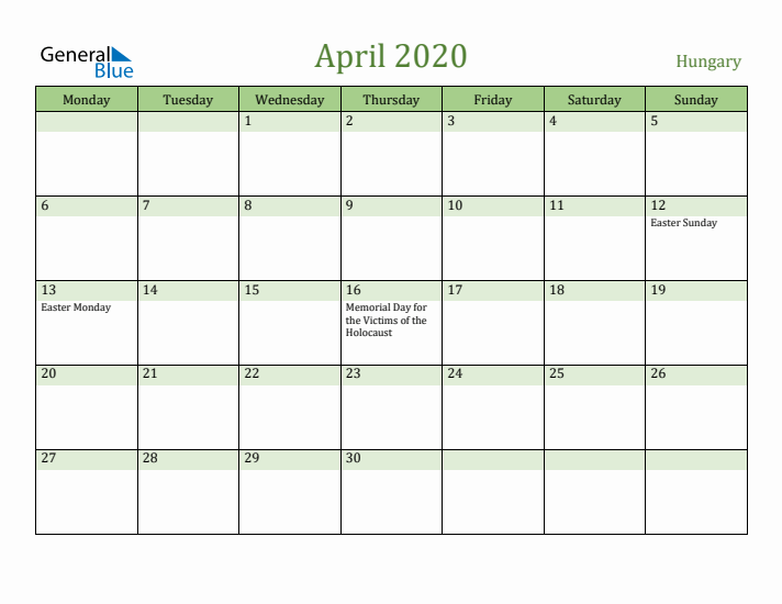 April 2020 Calendar with Hungary Holidays