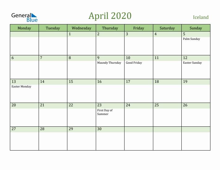 April 2020 Calendar with Iceland Holidays
