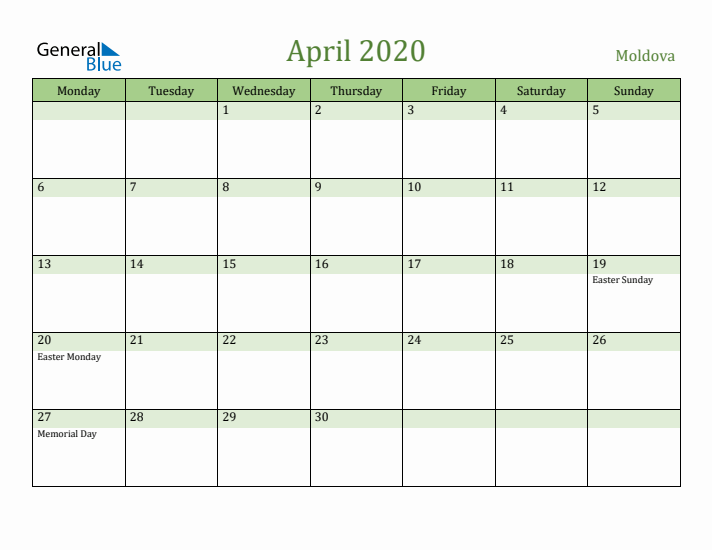 April 2020 Calendar with Moldova Holidays