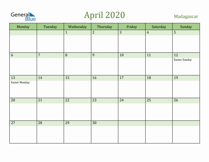 April 2020 Calendar with Madagascar Holidays
