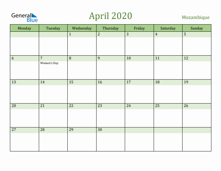 April 2020 Calendar with Mozambique Holidays