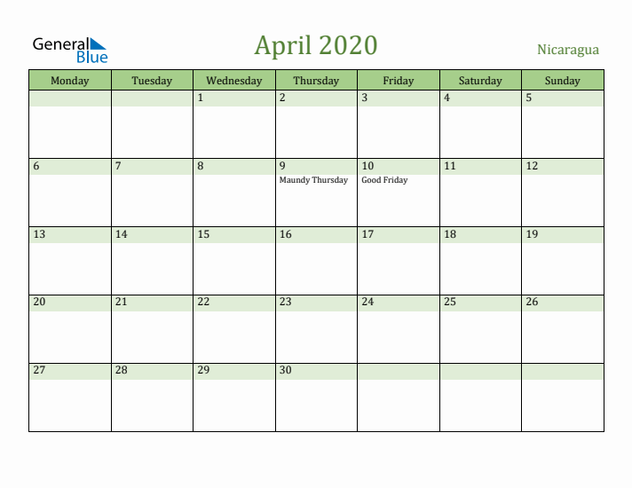 April 2020 Calendar with Nicaragua Holidays