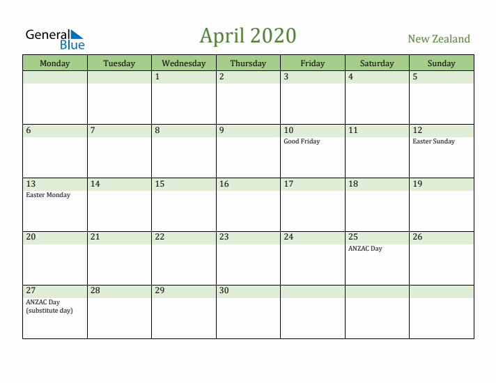 April 2020 Calendar with New Zealand Holidays