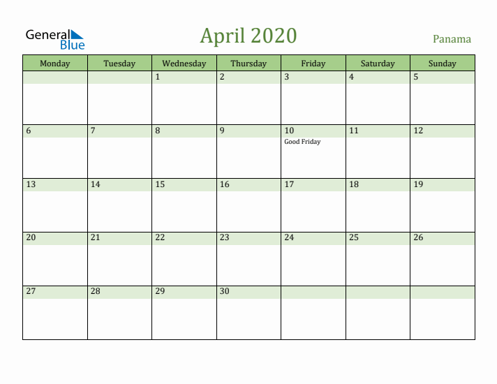 April 2020 Calendar with Panama Holidays