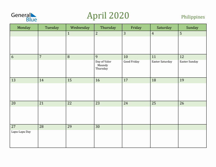 April 2020 Calendar with Philippines Holidays