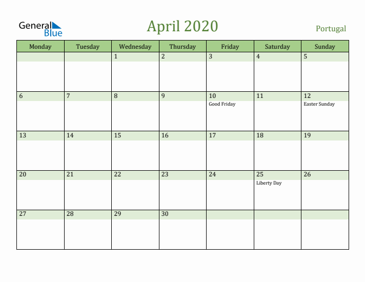 April 2020 Calendar with Portugal Holidays