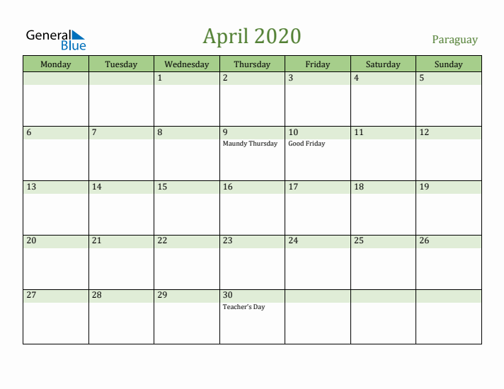 April 2020 Calendar with Paraguay Holidays