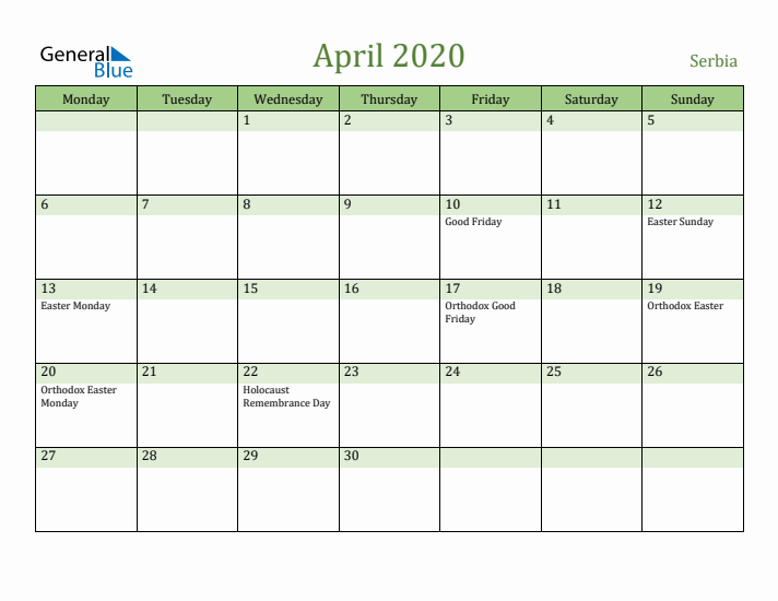 April 2020 Calendar with Serbia Holidays
