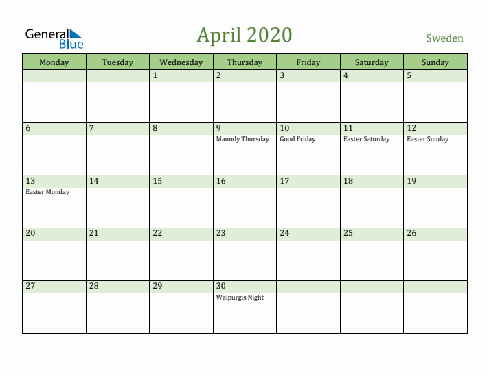 April 2020 Calendar with Sweden Holidays