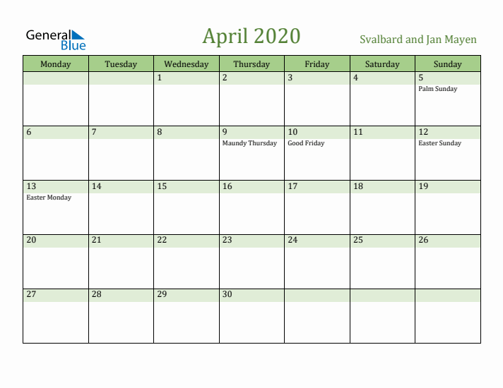 April 2020 Calendar with Svalbard and Jan Mayen Holidays