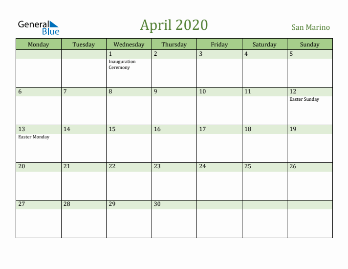 April 2020 Calendar with San Marino Holidays