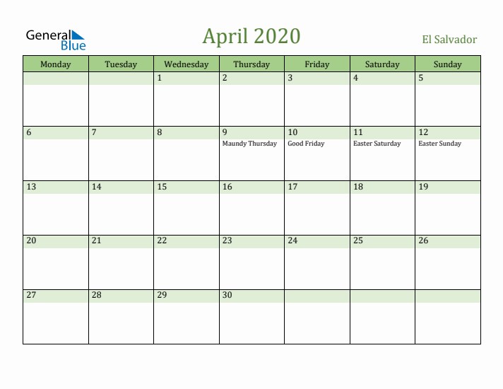 April 2020 Calendar with El Salvador Holidays
