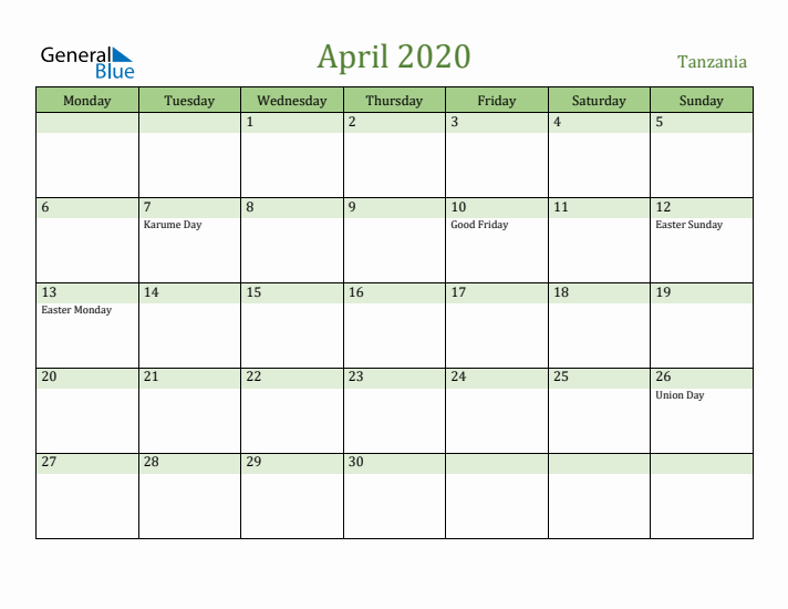 April 2020 Calendar with Tanzania Holidays