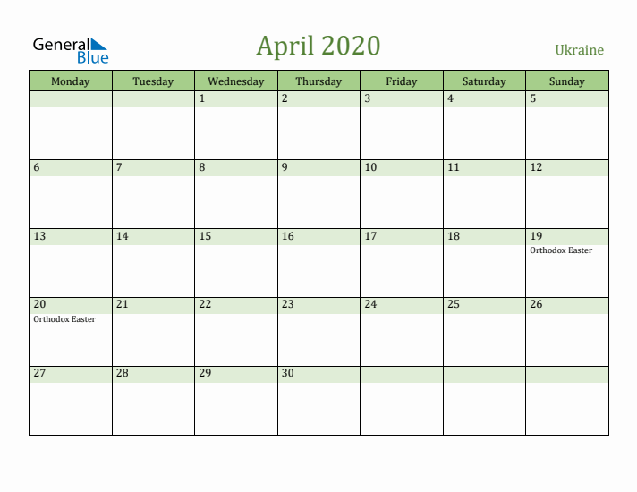 April 2020 Calendar with Ukraine Holidays