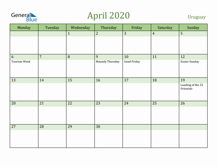 April 2020 Calendar with Uruguay Holidays