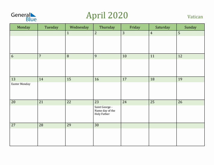 April 2020 Calendar with Vatican Holidays