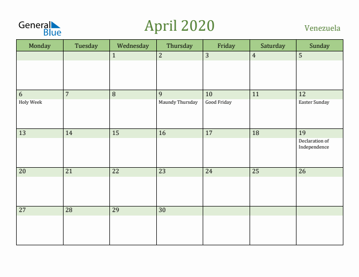 April 2020 Calendar with Venezuela Holidays