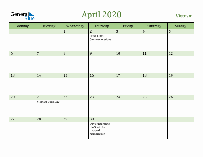 April 2020 Calendar with Vietnam Holidays