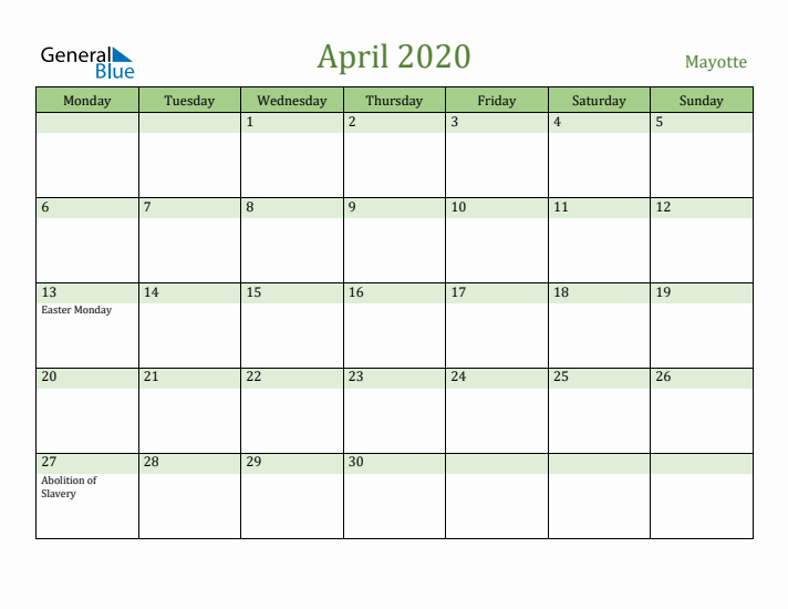 April 2020 Calendar with Mayotte Holidays