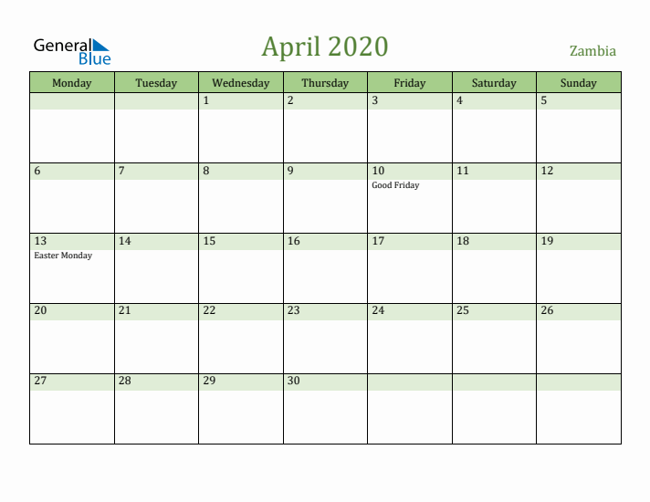 April 2020 Calendar with Zambia Holidays