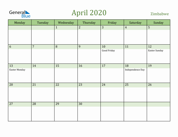 April 2020 Calendar with Zimbabwe Holidays