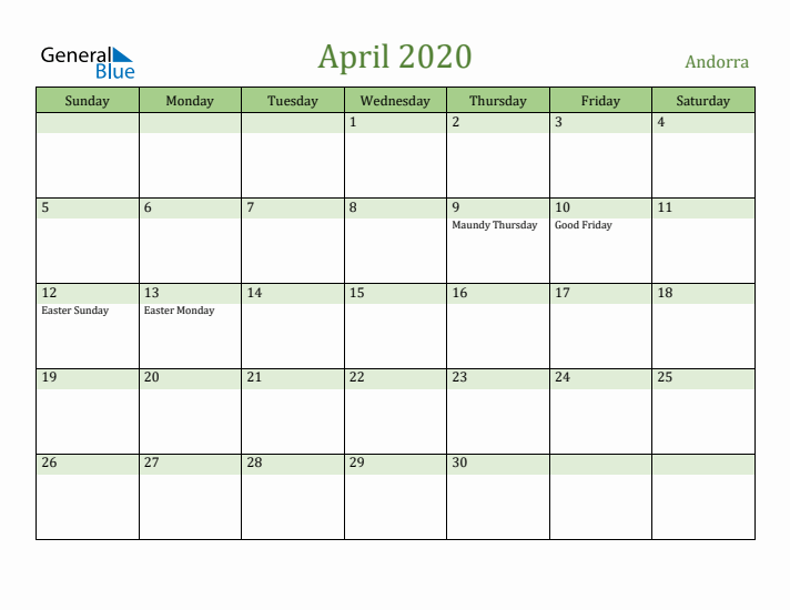 April 2020 Calendar with Andorra Holidays