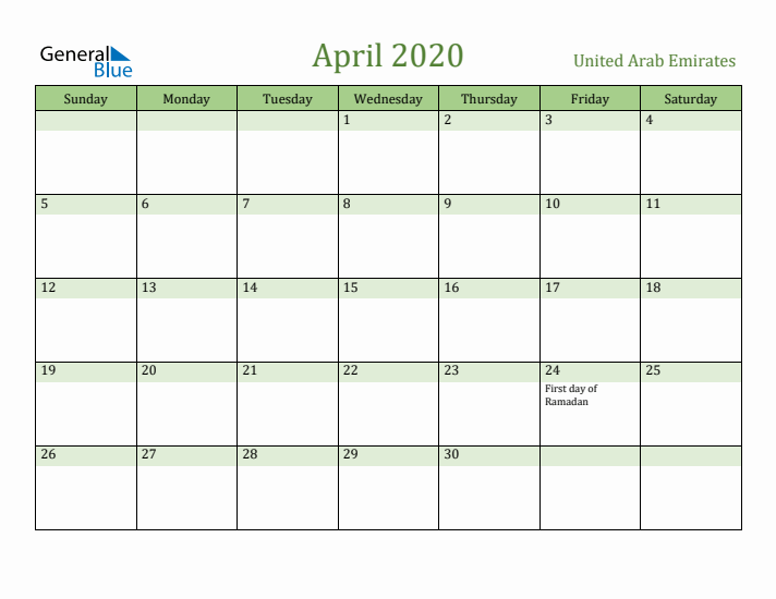 April 2020 Calendar with United Arab Emirates Holidays