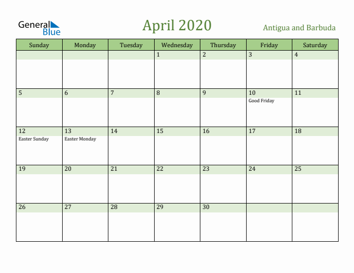 April 2020 Calendar with Antigua and Barbuda Holidays