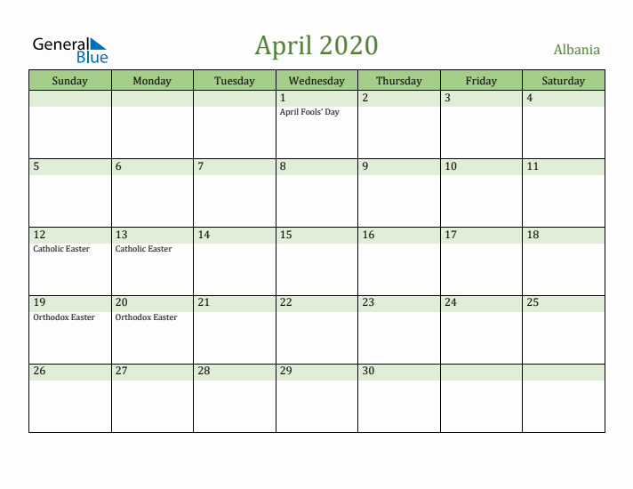 April 2020 Calendar with Albania Holidays