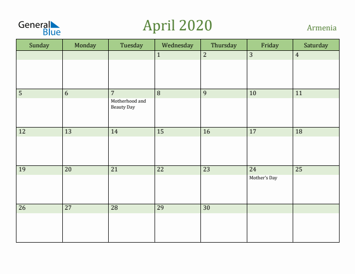 April 2020 Calendar with Armenia Holidays