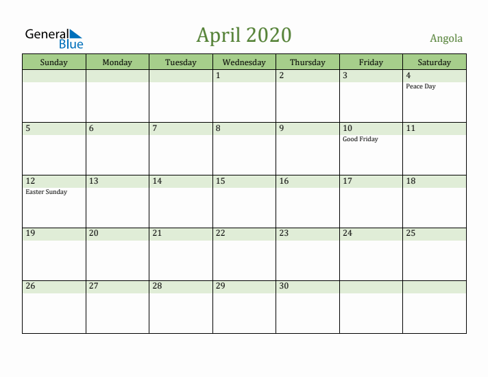 April 2020 Calendar with Angola Holidays