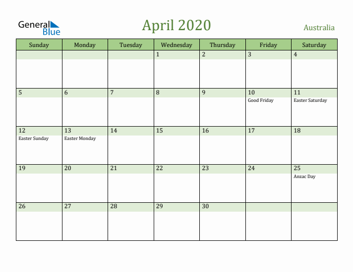 April 2020 Calendar with Australia Holidays