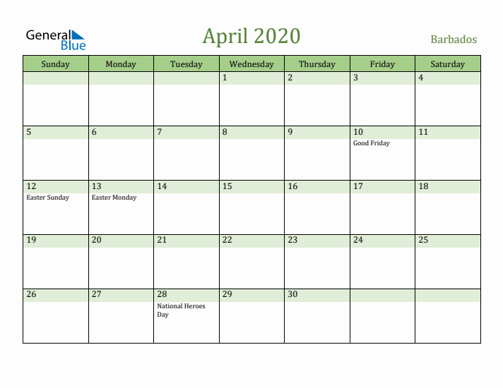 April 2020 Calendar with Barbados Holidays