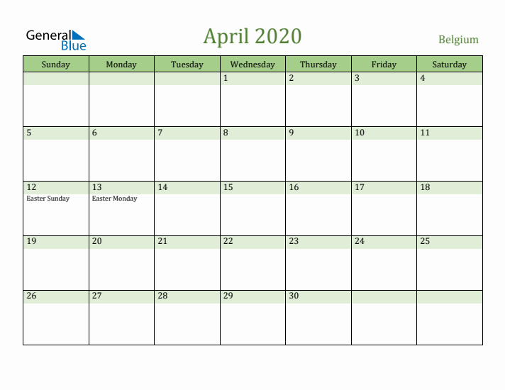 April 2020 Calendar with Belgium Holidays
