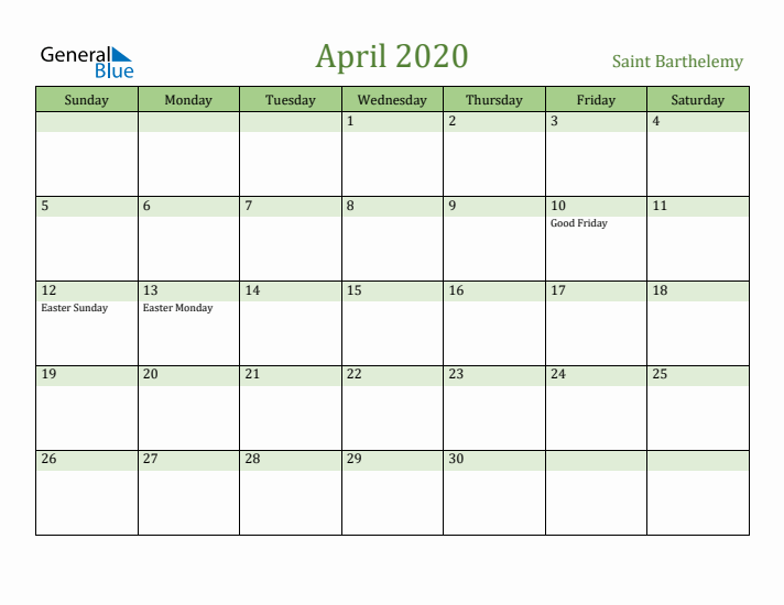 April 2020 Calendar with Saint Barthelemy Holidays