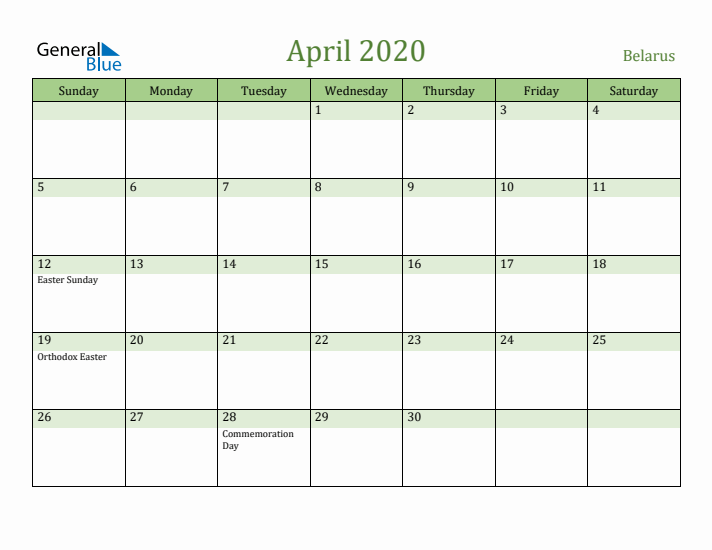 April 2020 Calendar with Belarus Holidays