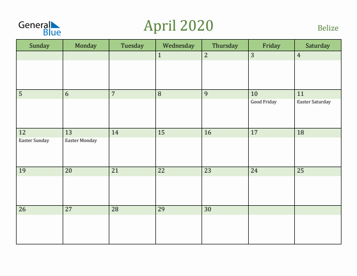 April 2020 Calendar with Belize Holidays