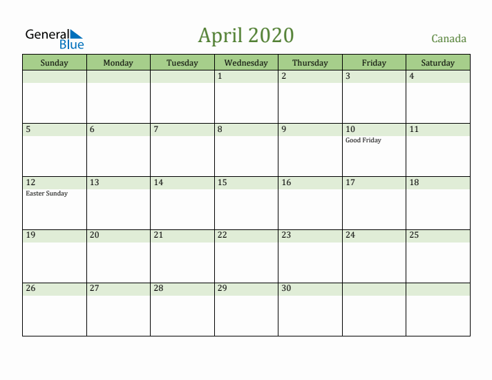 April 2020 Calendar with Canada Holidays