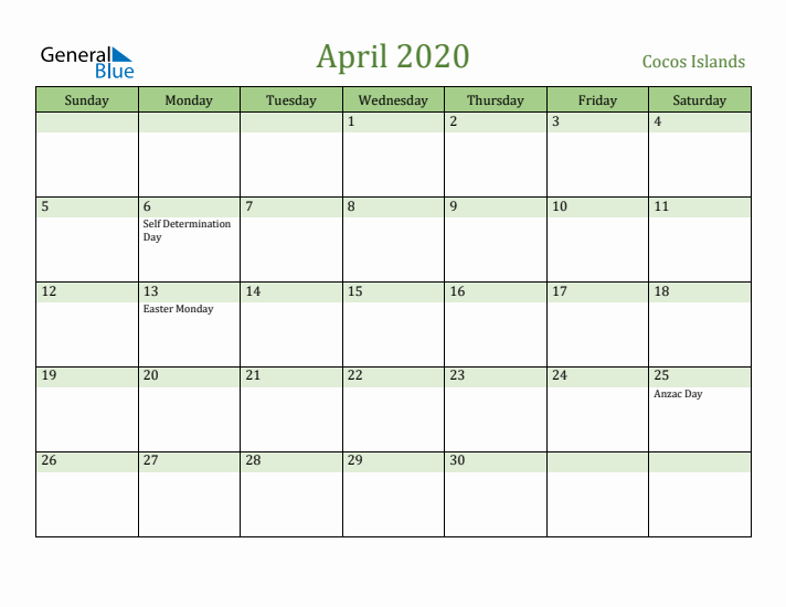 April 2020 Calendar with Cocos Islands Holidays