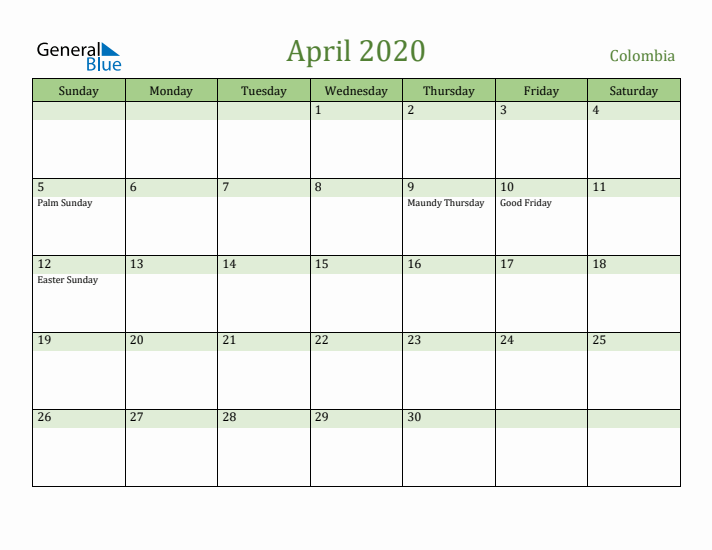 April 2020 Calendar with Colombia Holidays