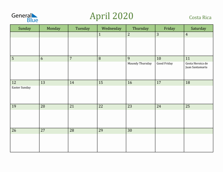 April 2020 Calendar with Costa Rica Holidays