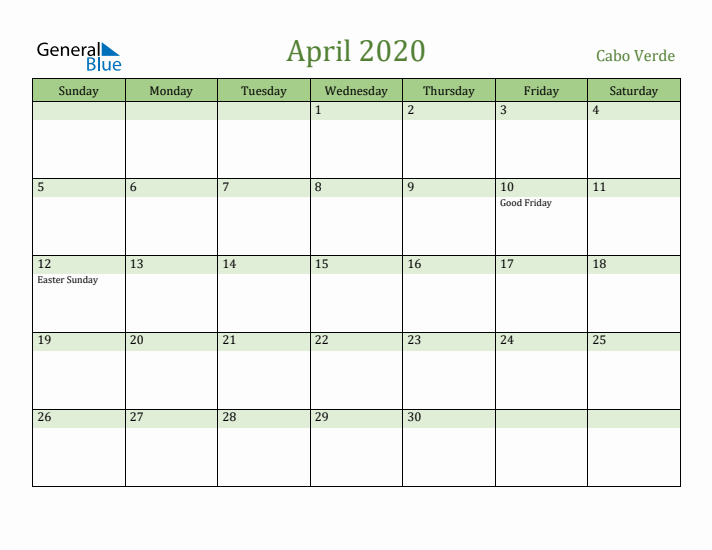 April 2020 Calendar with Cabo Verde Holidays