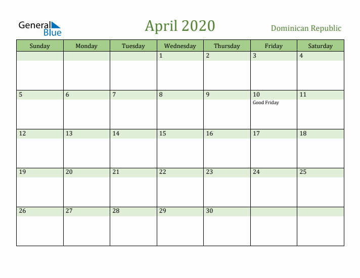 April 2020 Calendar with Dominican Republic Holidays
