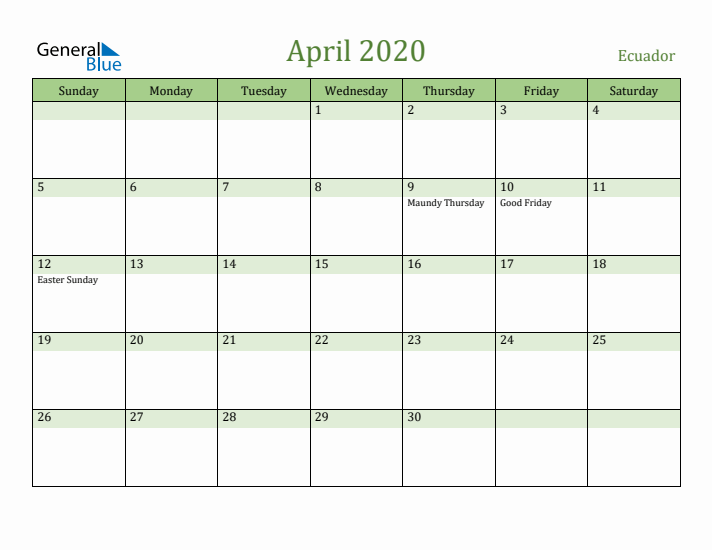 April 2020 Calendar with Ecuador Holidays