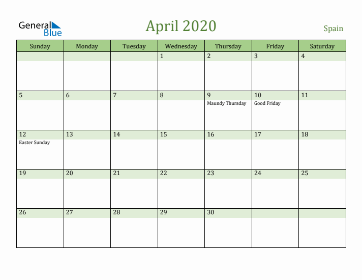 April 2020 Calendar with Spain Holidays