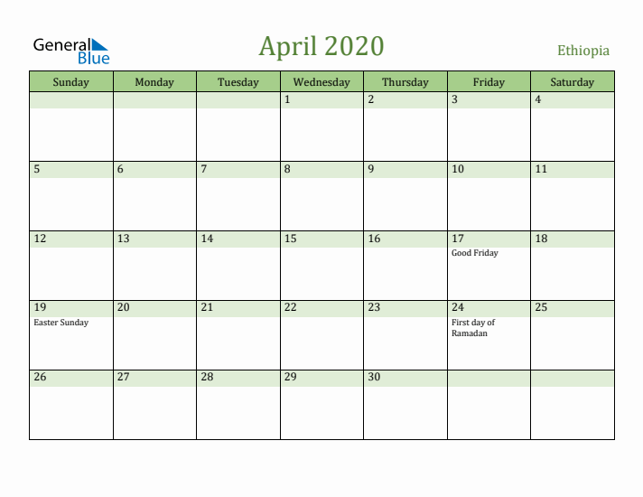 April 2020 Calendar with Ethiopia Holidays