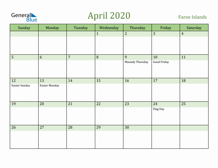 April 2020 Calendar with Faroe Islands Holidays