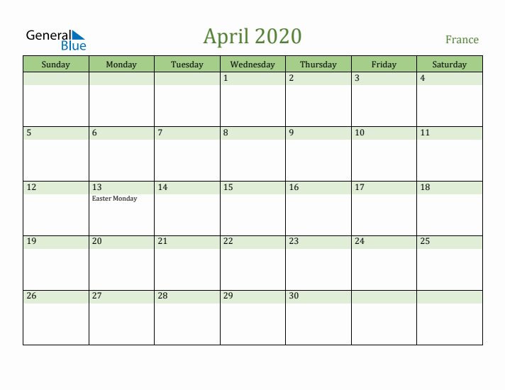 April 2020 Calendar with France Holidays