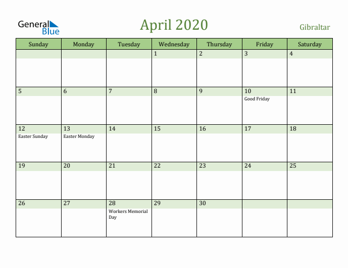 April 2020 Calendar with Gibraltar Holidays